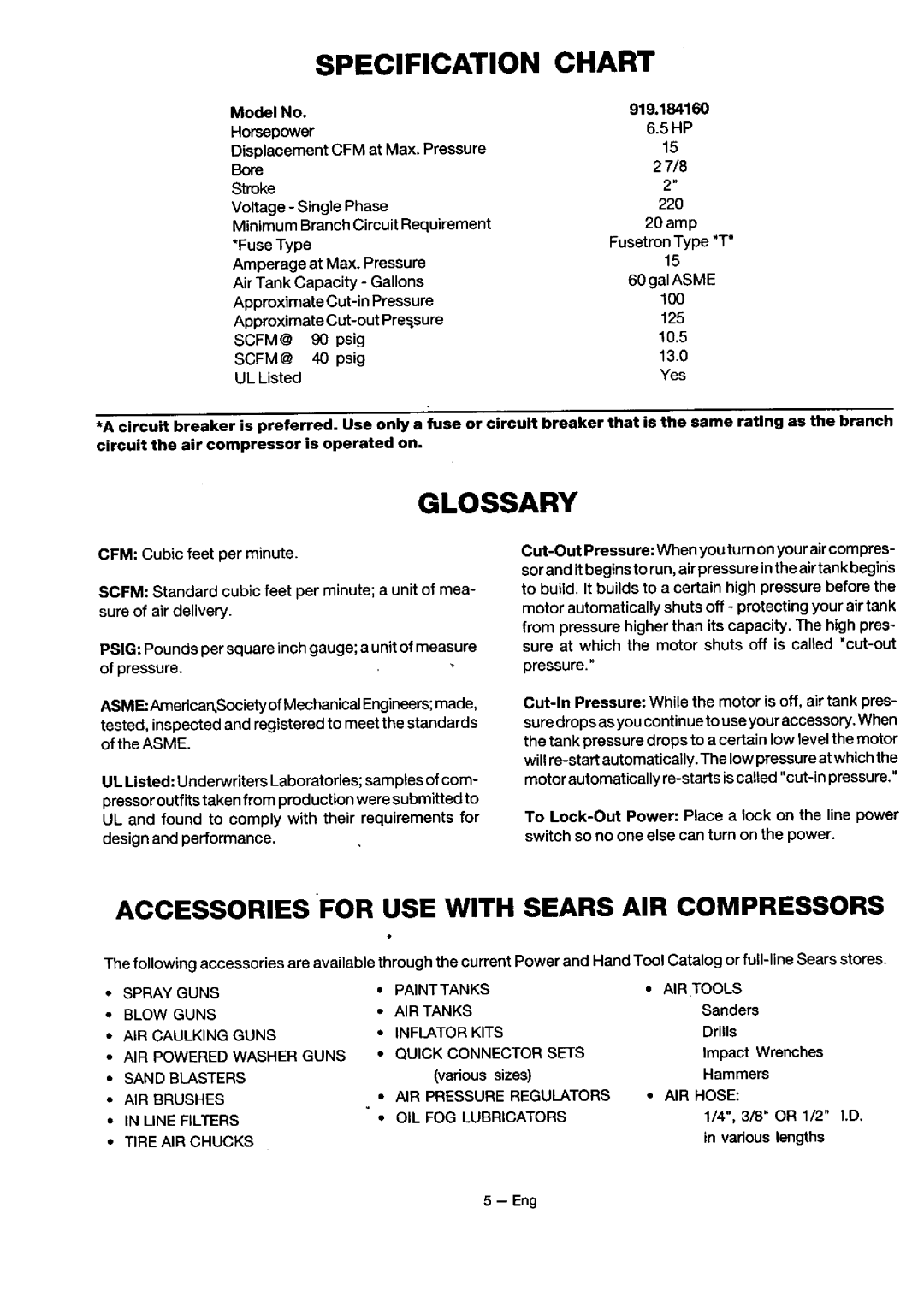 Sears 919.18416 owner manual Specification Chart, Glossary, AIR Tools, AIR Powered Washer Guns, AIR Hose 