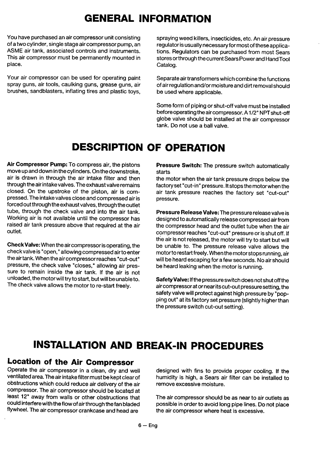 Sears 919.18416 owner manual General Information, Description of Operation, Installation and BREAK-IN Procedures 