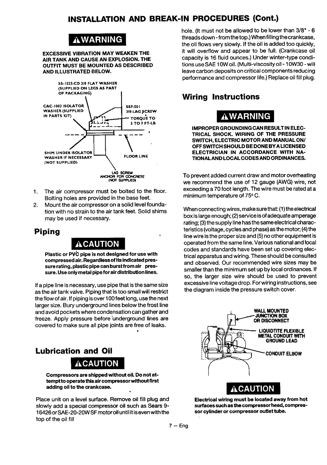 Sears 919.18416 owner manual Installation and BREAK-IN Procedures, Piping, Wiring Instructions, Lubrication and Oil 