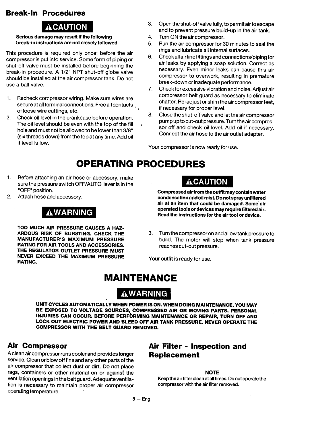 Sears 919.18416 owner manual Operating Procedures, Maintenance, Break-In Procedures, Air Compressor 