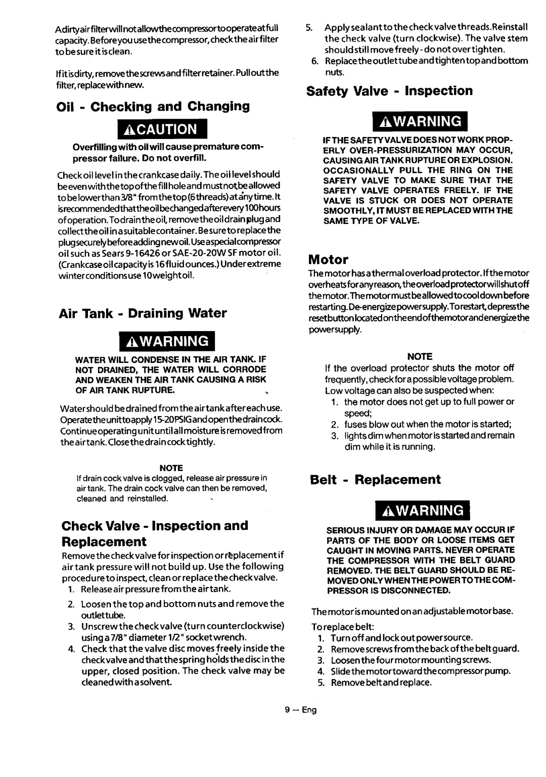 Sears 919.18416 owner manual Oil Checking and Changing, Air Tank Draining Water, Check Valve Inspection Replacement, Motor 