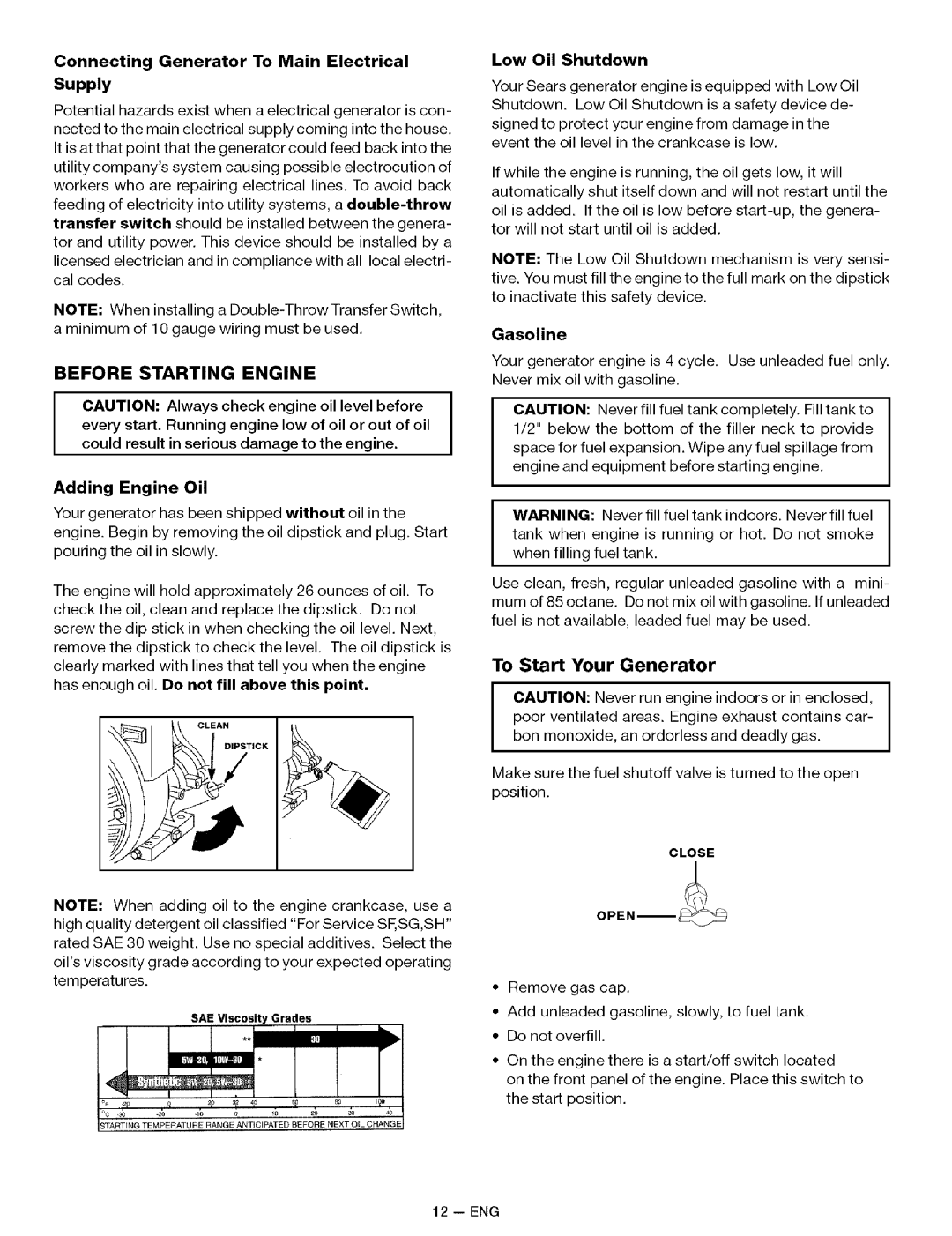 Sears 919.32721 Before Starting Engine, Connecting Generator To Main Electrical Supply, Adding Engine Oil, Gasoline 