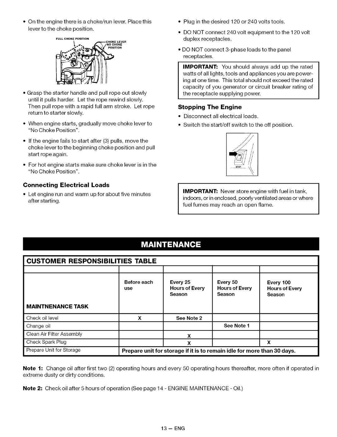 Sears 919.32721 owner manual Customer Responsibilities, Connecting Electrical Loads, Stopping The Engine, Maintnenance Task 