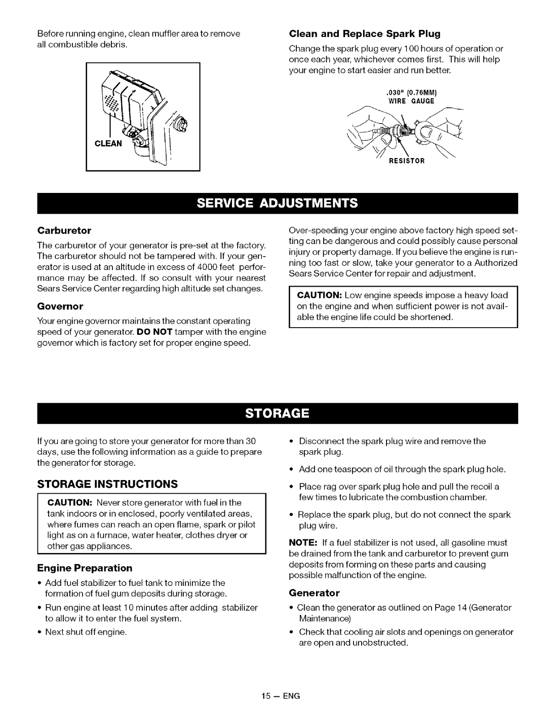 Sears 919.32721 owner manual Storage Instructions 