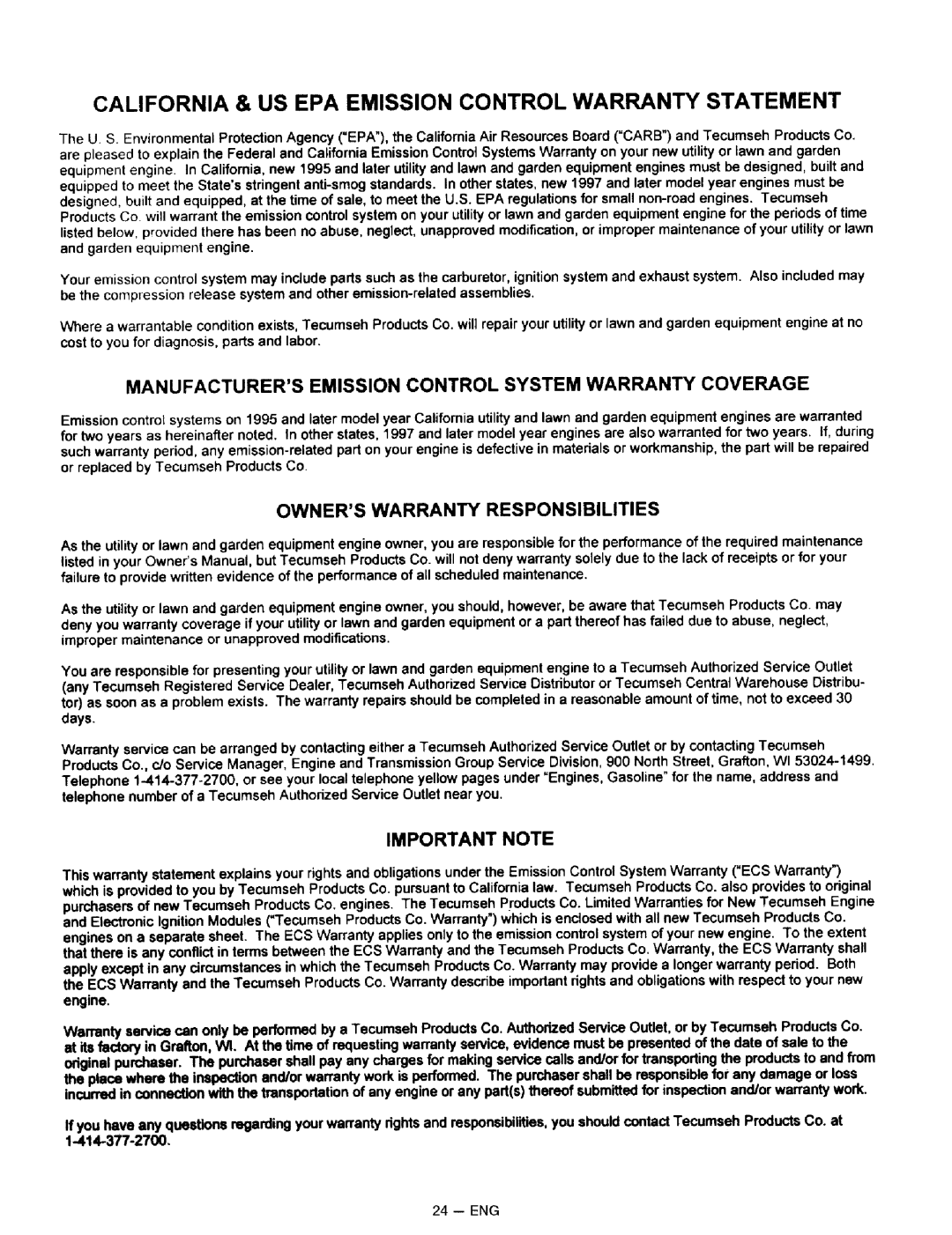 Sears 919.32721 California & US EPA Emission Control Warranty Statement, Owners Warranty Responsibilities, Important Note 