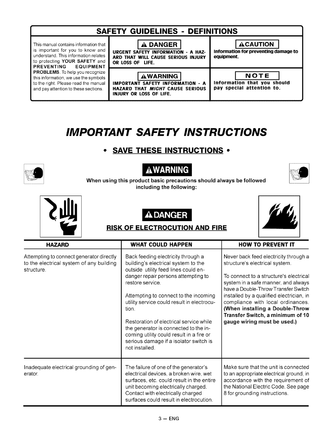 Sears 919.32721 Safety Guidelines Definitions, Risk of Electrocution and Fire, Informationfor preventingdamage to 