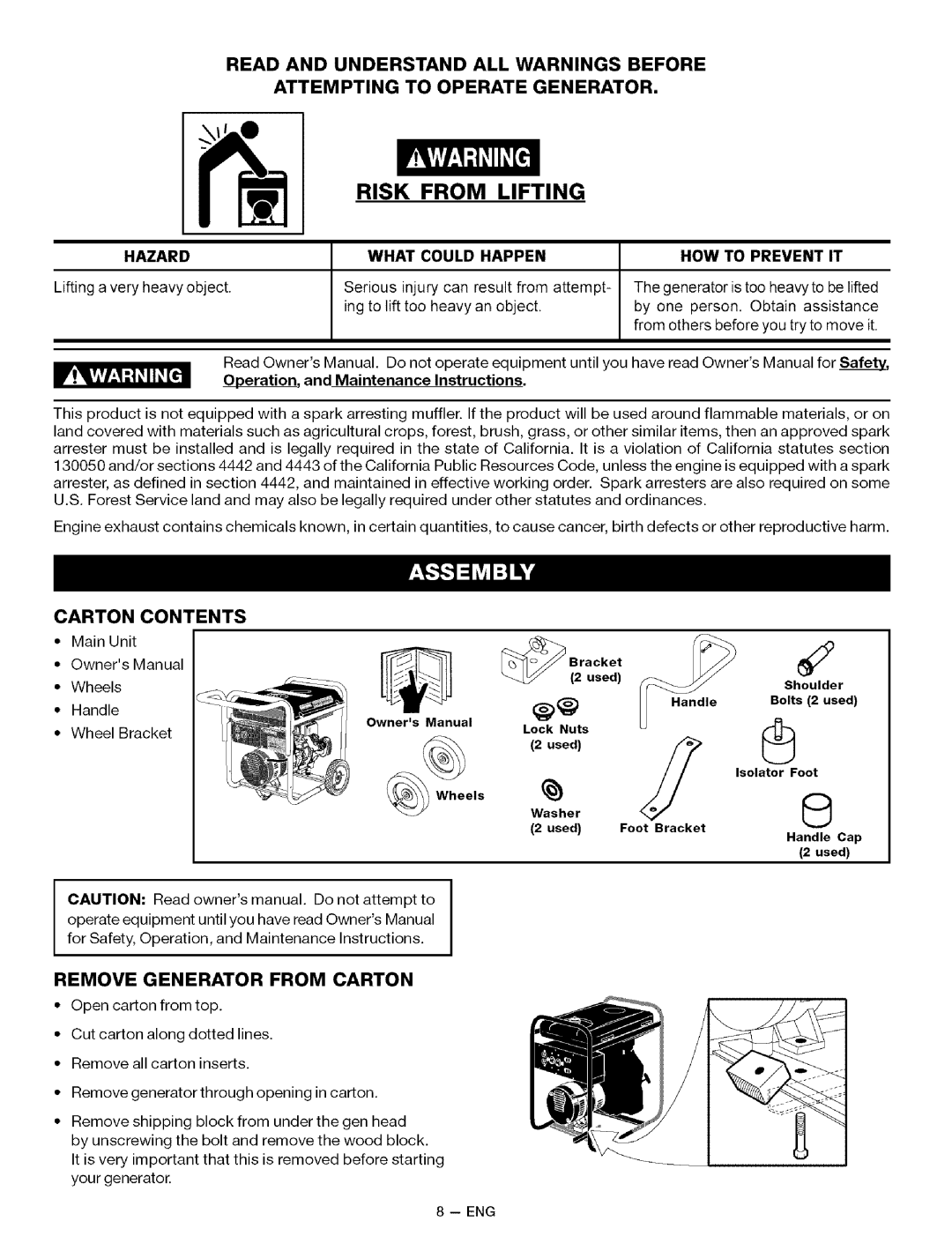 Sears 919.32721 owner manual Risk from Lifting, Carton Contents, Remove Generator from Carton 