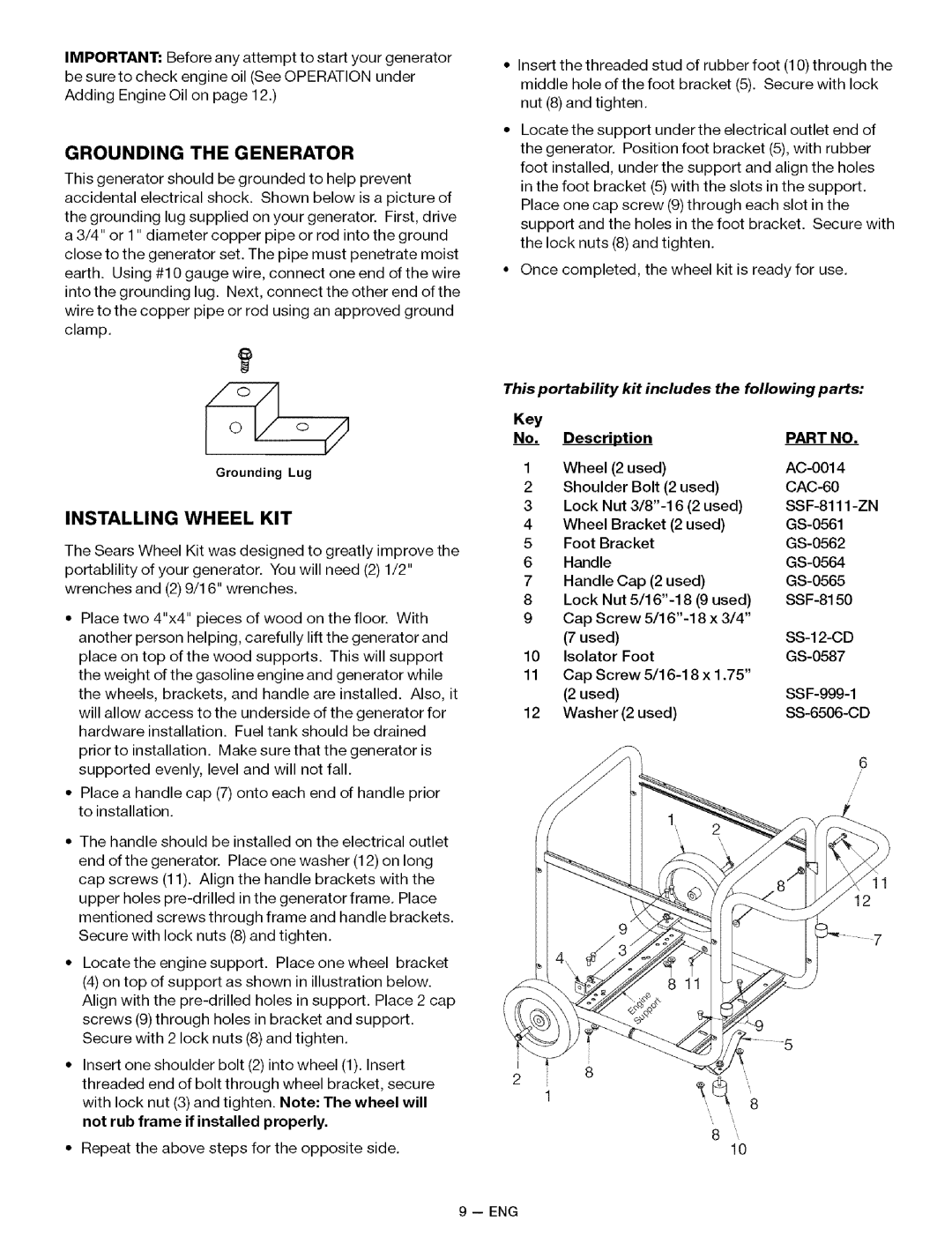 Sears 919.32721 Grounding the Generator, Installing Wheel KIT, Key No. Description, Not rub frame if installed properly 