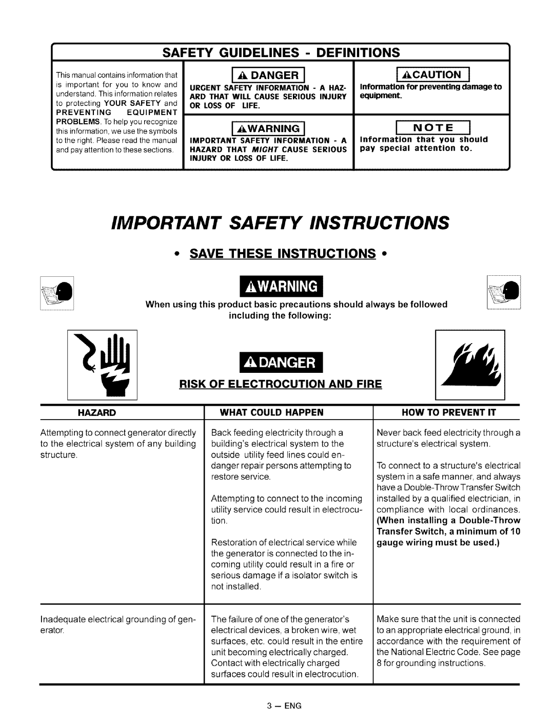 Sears 919.32721 owner manual Important Safety Instructions, Risk Of Electrocution And Fire, I _ Danger, I Note, Hazard 