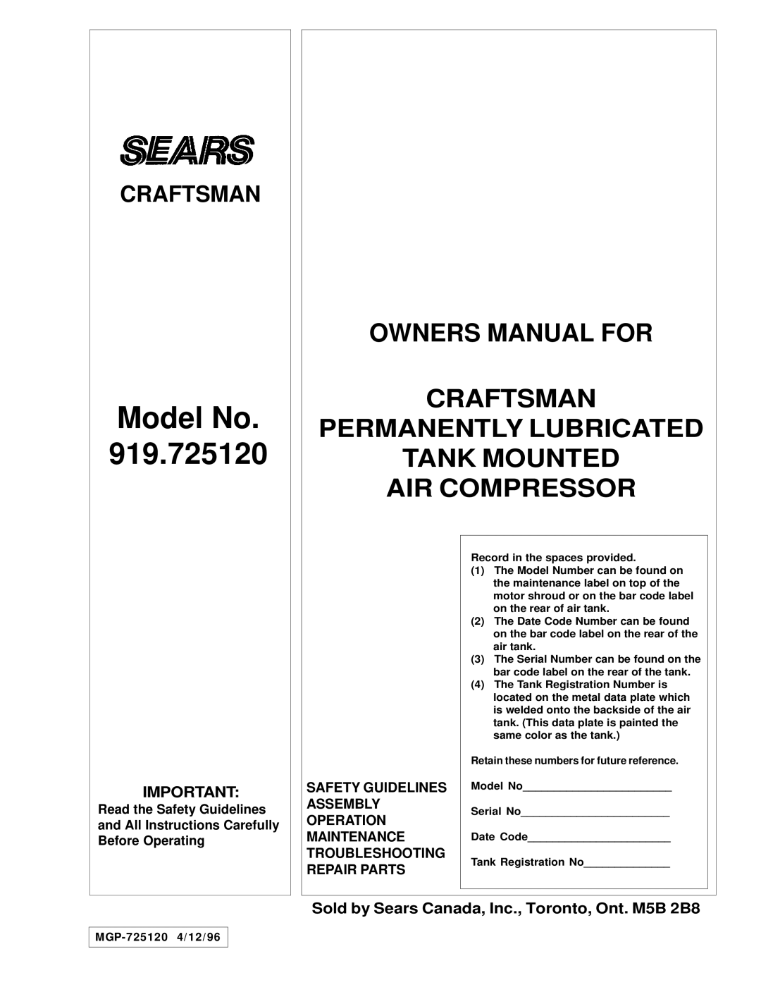 Sears owner manual Model No 919.725120 