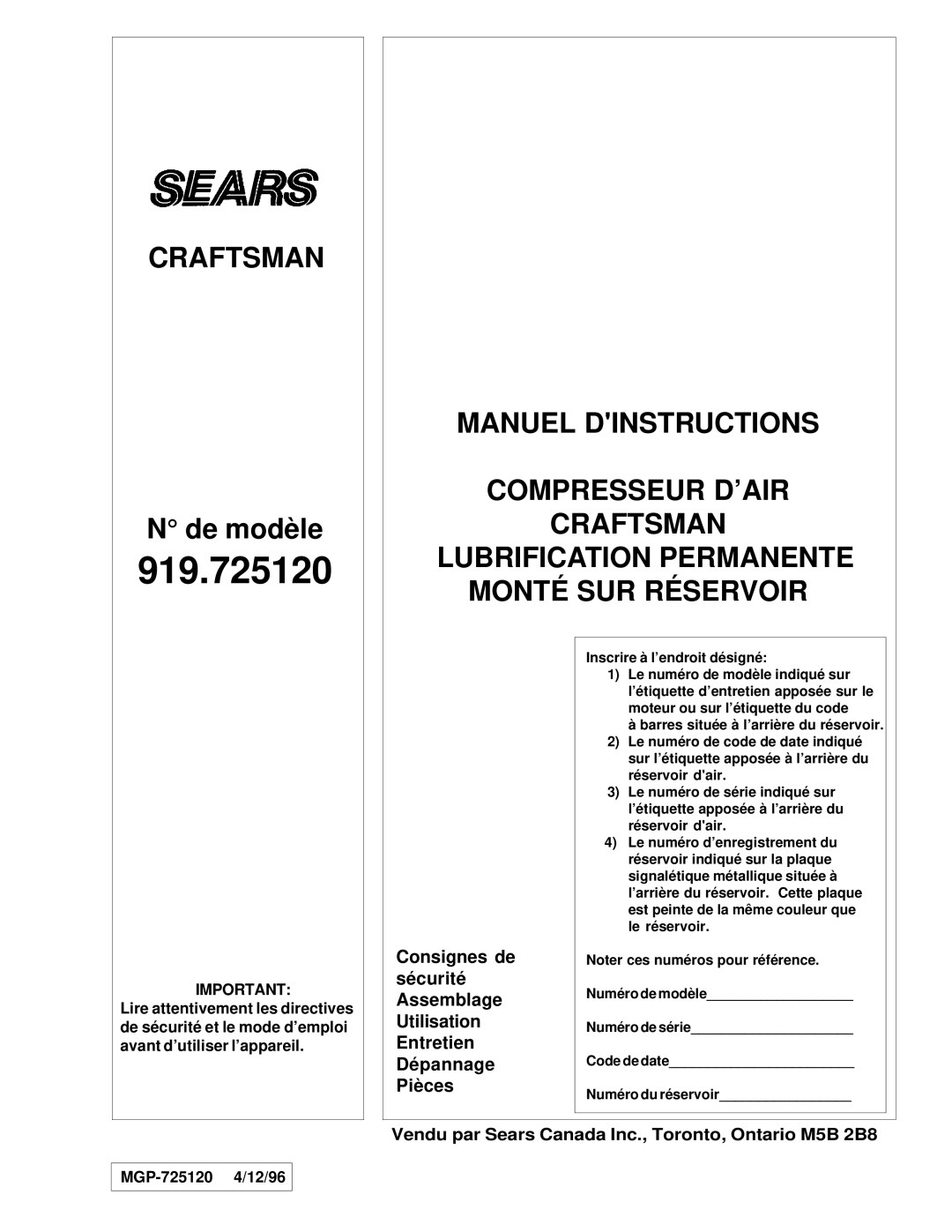 Sears 919.72512 owner manual MGP-725120 4/12/96 