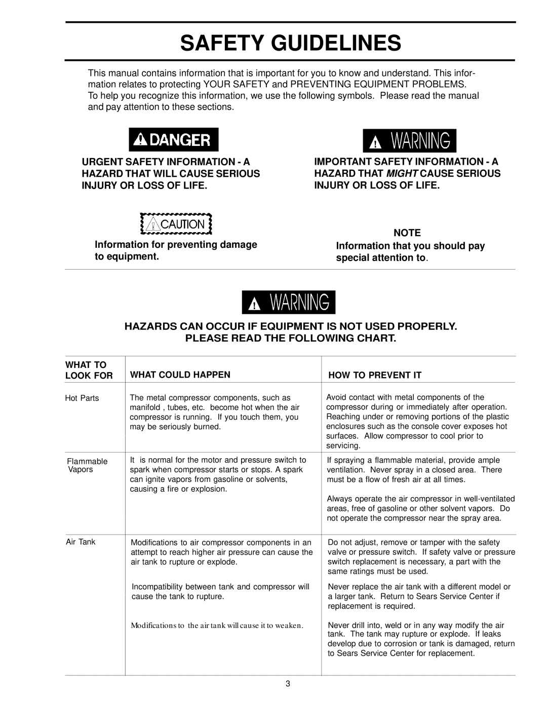 Sears 919.72512 owner manual Safety Guidelines, What to Look for What could Happen HOW to Prevent IT 