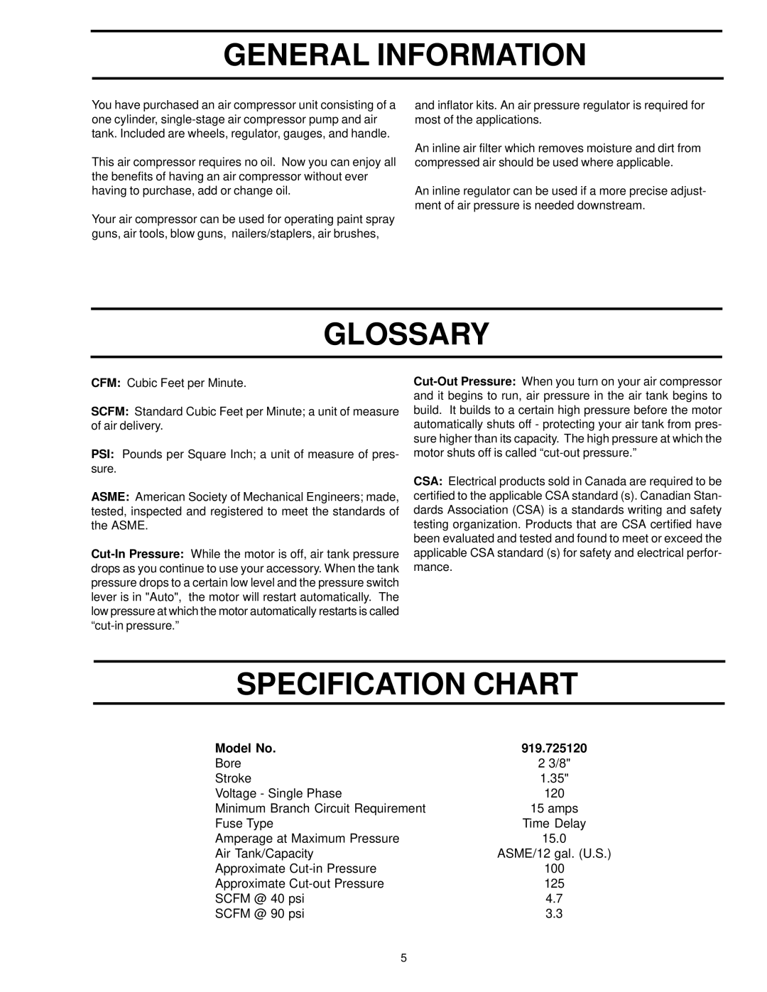 Sears owner manual General Information, Glossary, Specification Chart, Model No 919.725120 