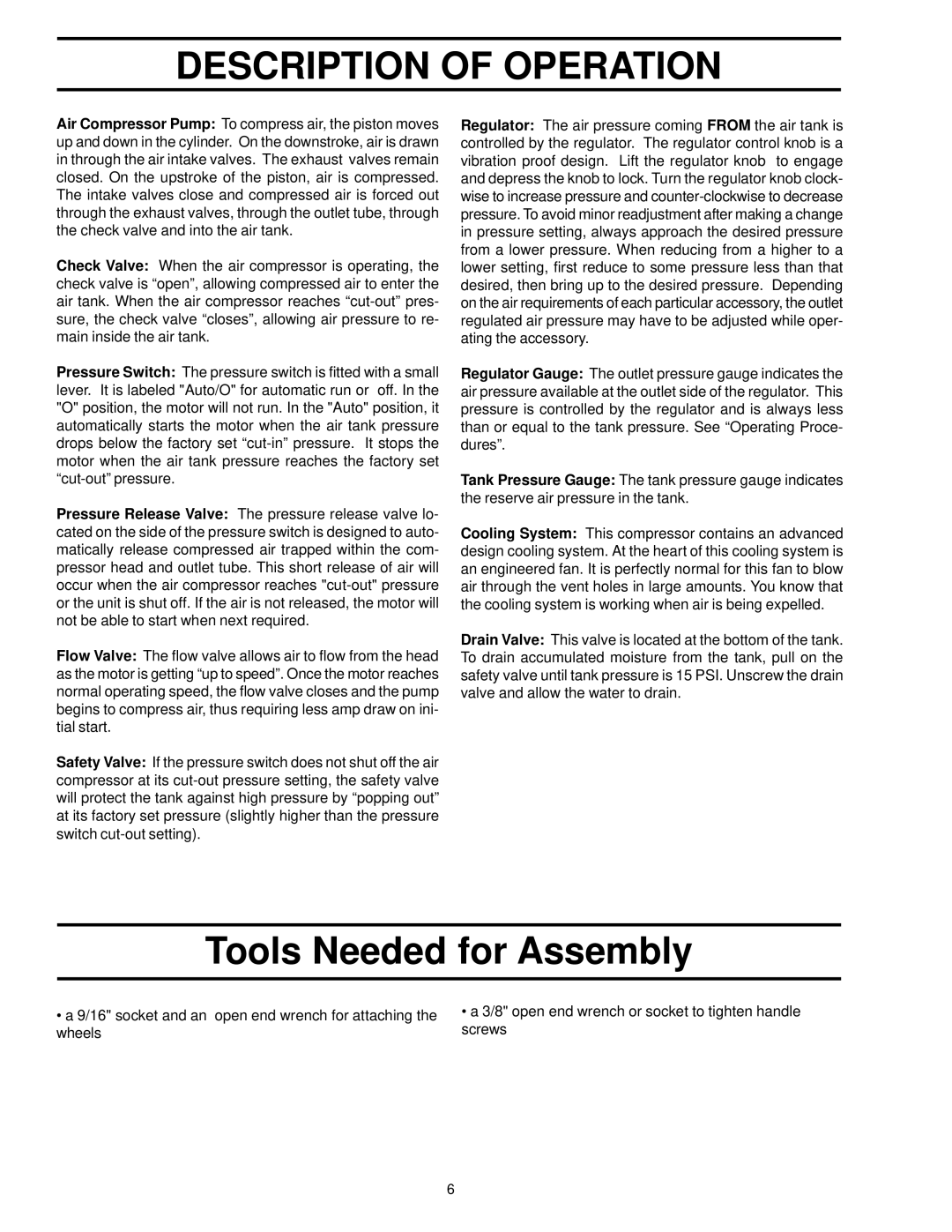 Sears 919.72512 owner manual Description of Operation, Tools Needed for Assembly 