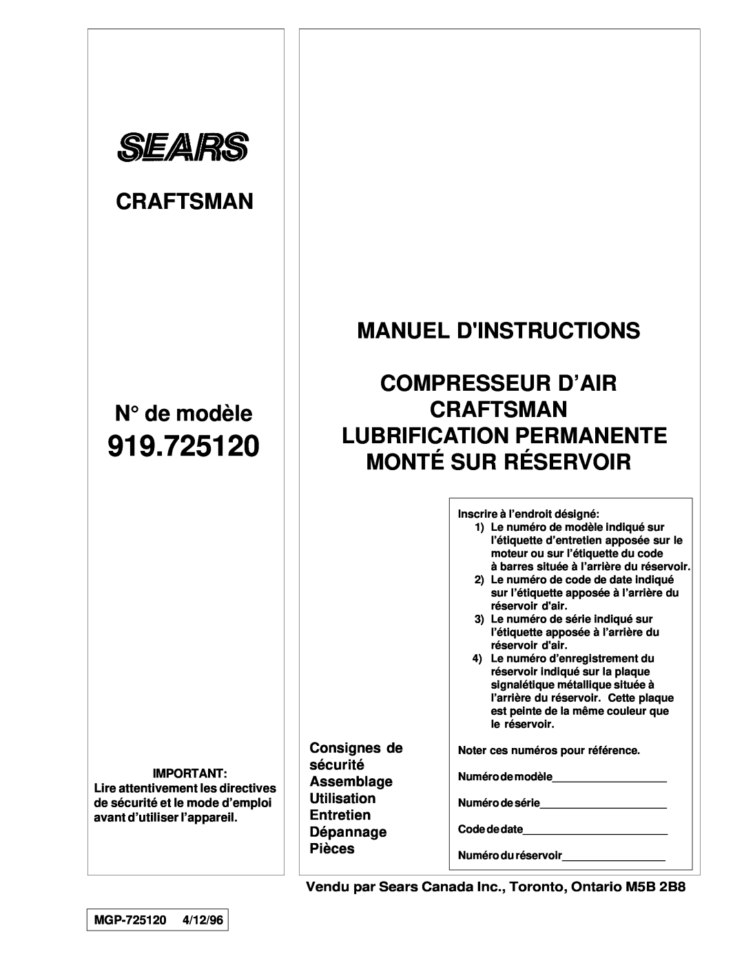 Sears 919.725120, CRAFTSMAN N de modèle, Manuel Dinstructions Compresseur D’Air Craftsman, MGP-725120 4/12/96 