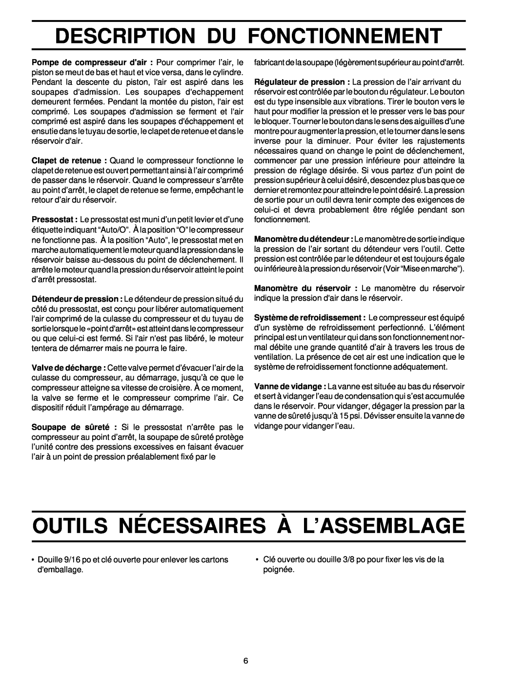 Sears 919.72512 owner manual Description Du Fonctionnement, Outils Nécessaires À L’Assemblage 