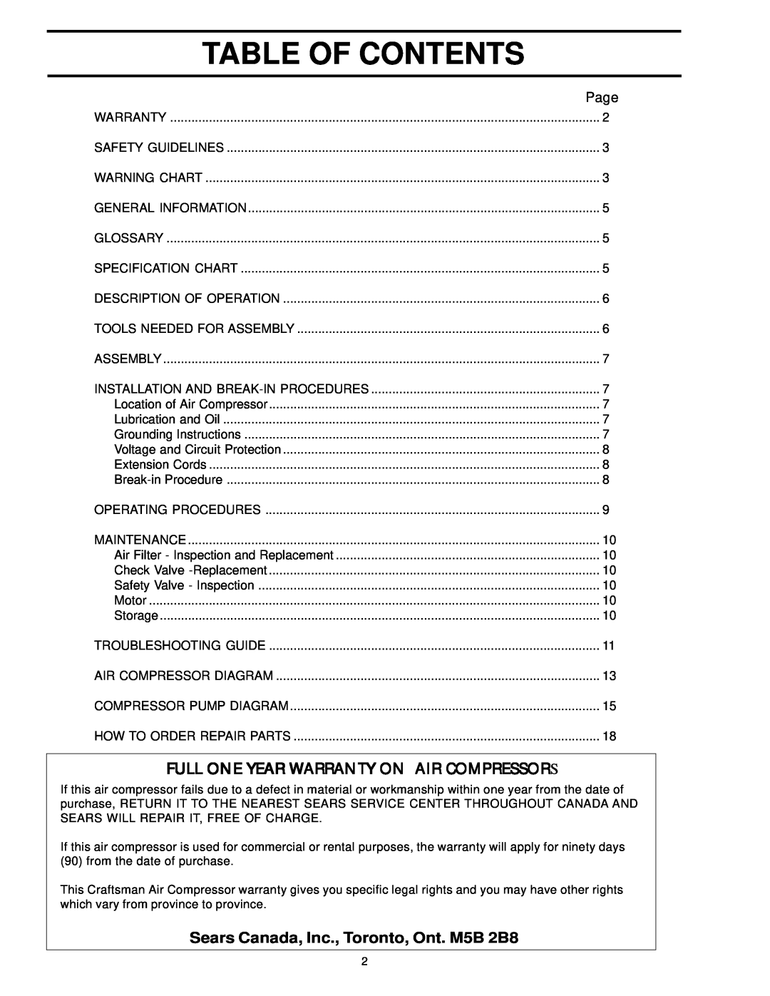 Sears 919.72512 Table Of Contents, Full One Year Warranty On Air Compressors, Sears Canada, Inc., Toronto, Ont. M5B 2B8 