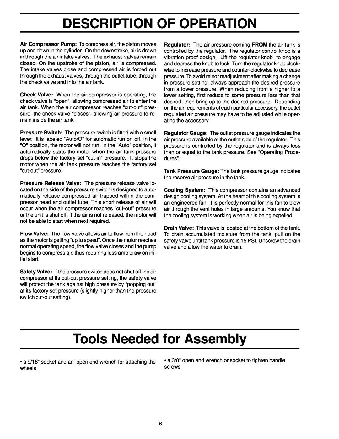Sears 919.72512 owner manual Description Of Operation, Tools Needed for Assembly 