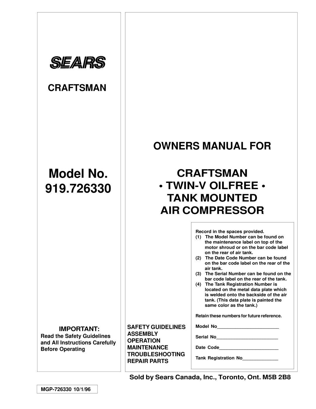 Sears owner manual Model No 919.726330, MGP-726330 10/1/96 