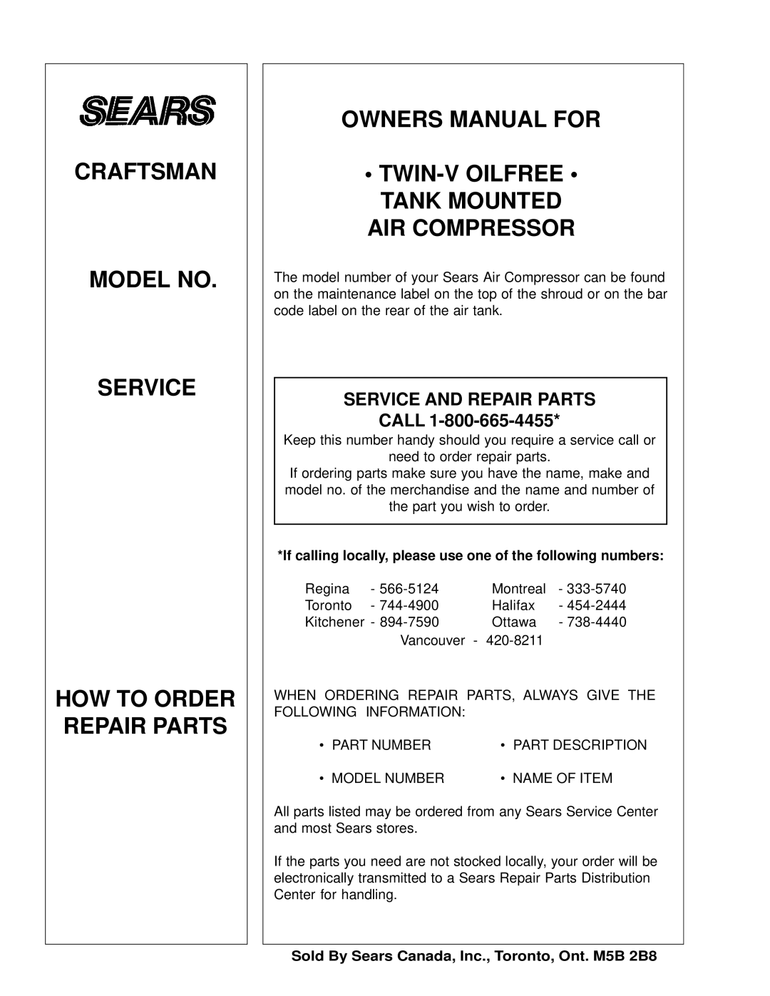 Sears 919.72633 owner manual Service and Repair Parts 