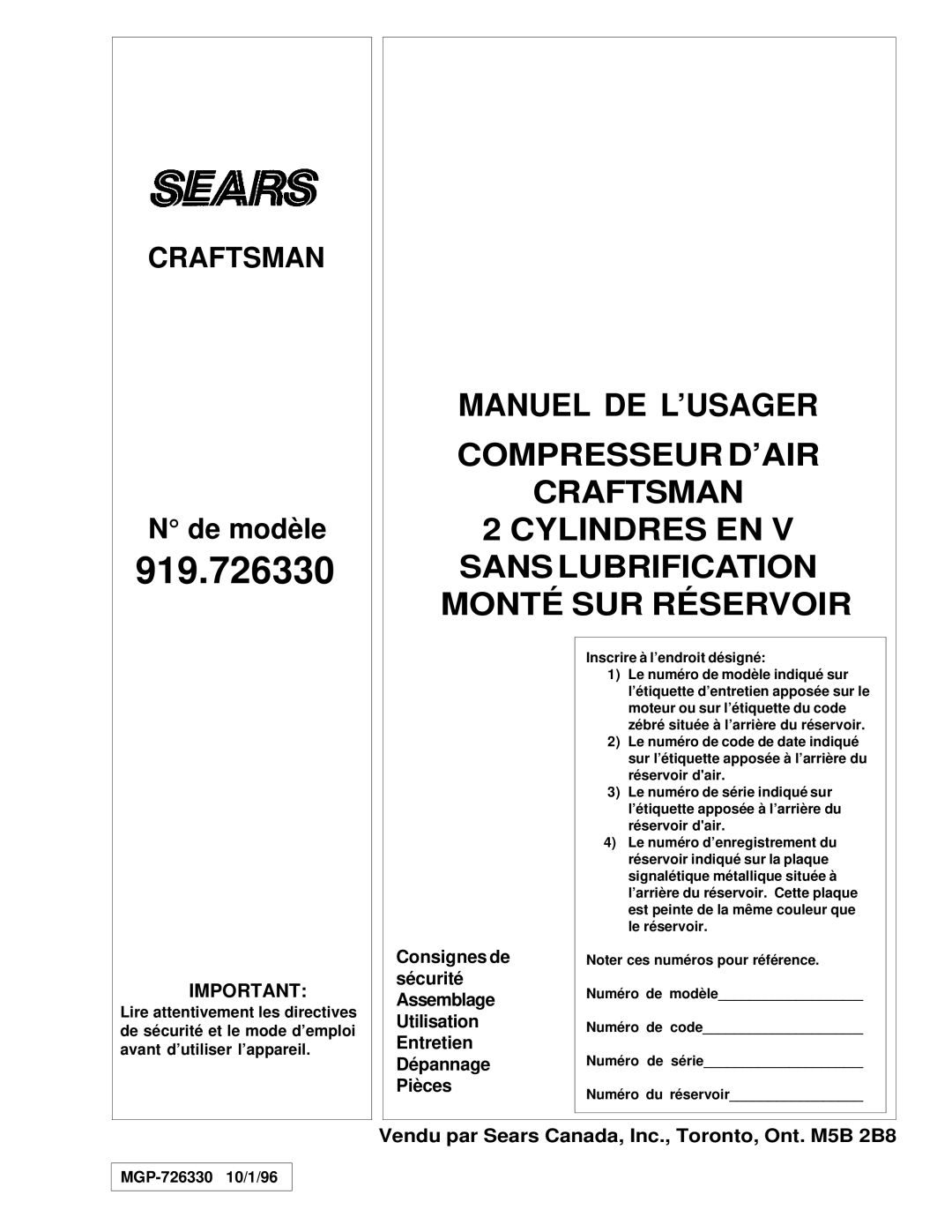 Sears 919.72633 owner manual De modèle 