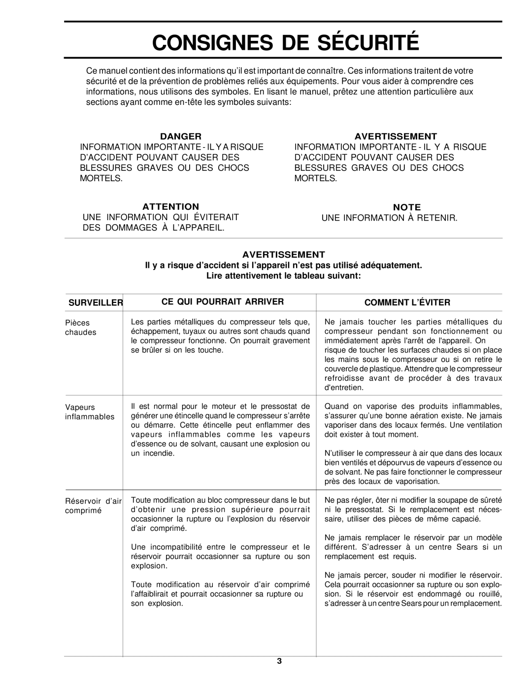 Sears 919.72633 owner manual Consignes DE Sécurité, Avertissement 