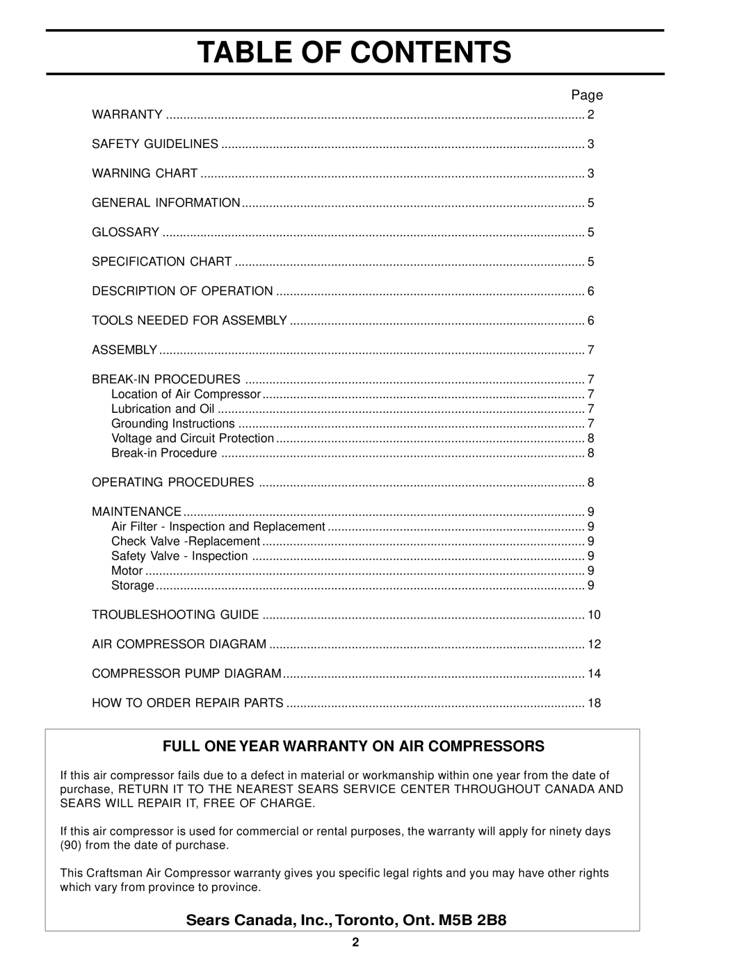 Sears 919.72633 owner manual Table of Contents 