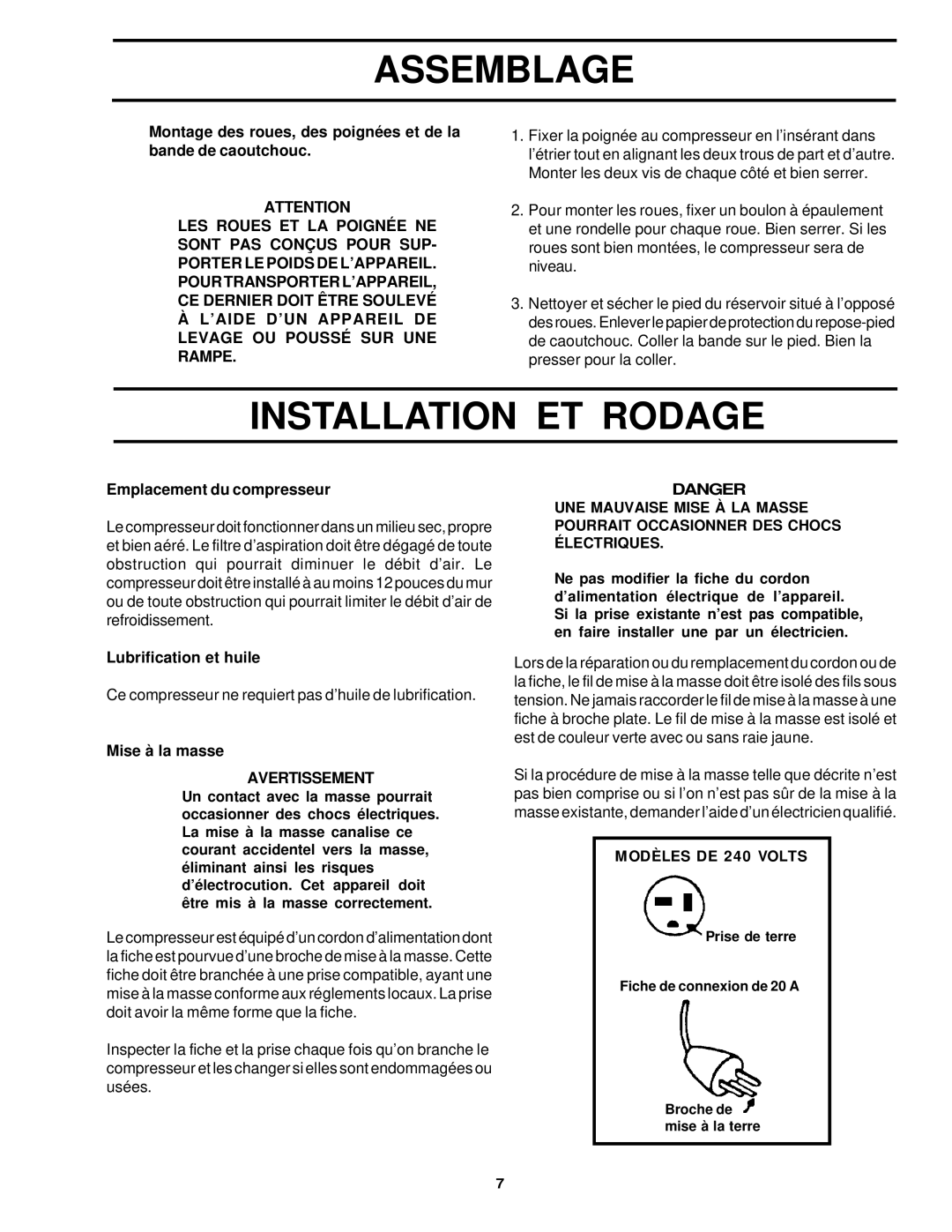 Sears 919.72633 Assemblage, Installation ET Rodage, Emplacement du compresseur, Lubrification et huile, Mise à la masse 