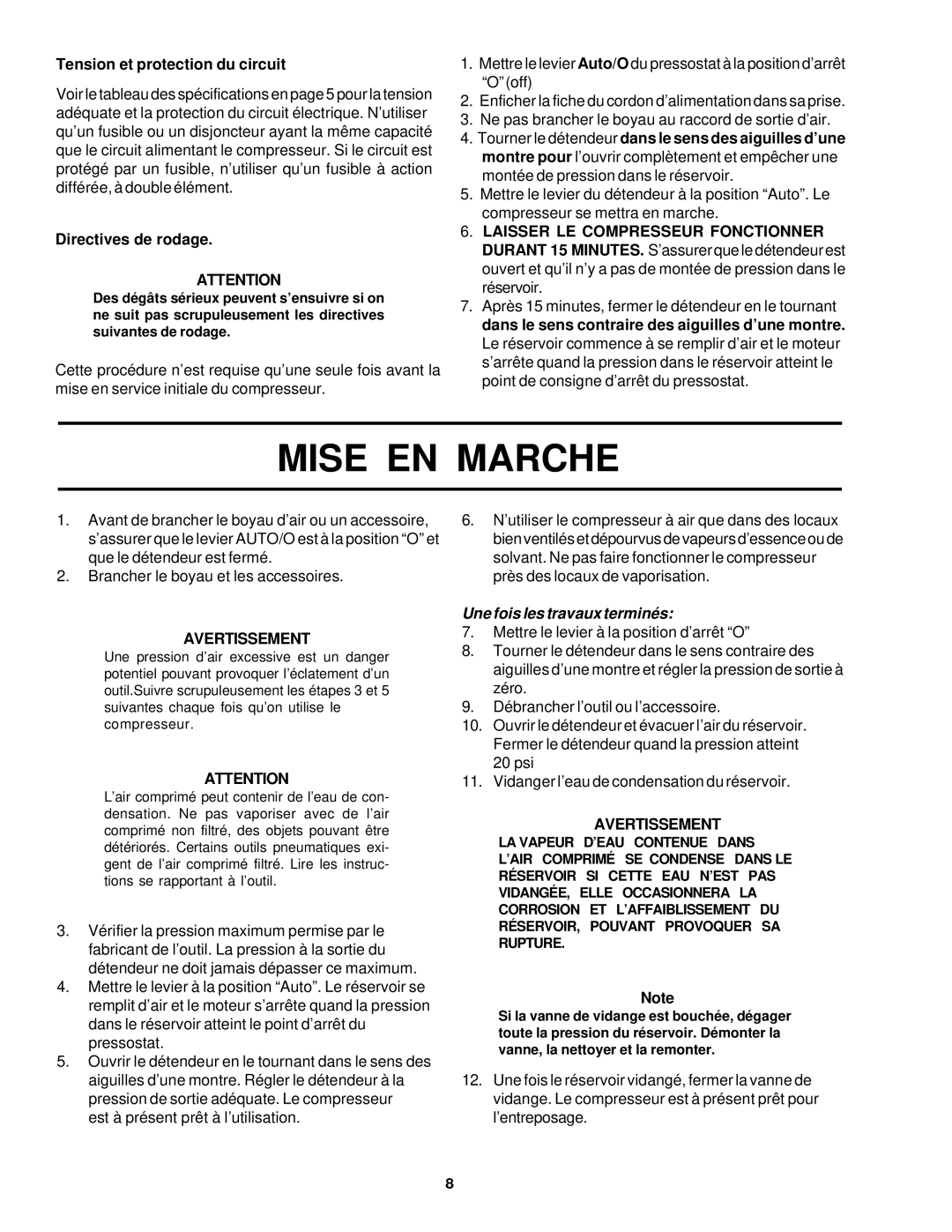 Sears 919.72633 owner manual Mise EN Marche, Tension et protection du circuit, Directives de rodage 