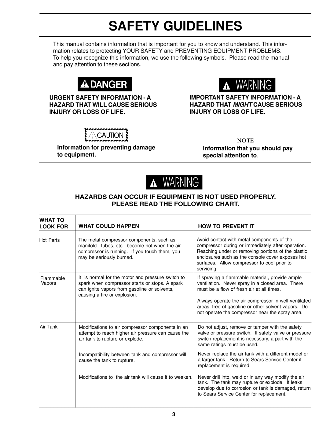 Sears 919.72633 owner manual Safety Guidelines, What to Look for What could Happen HOW to Prevent IT 