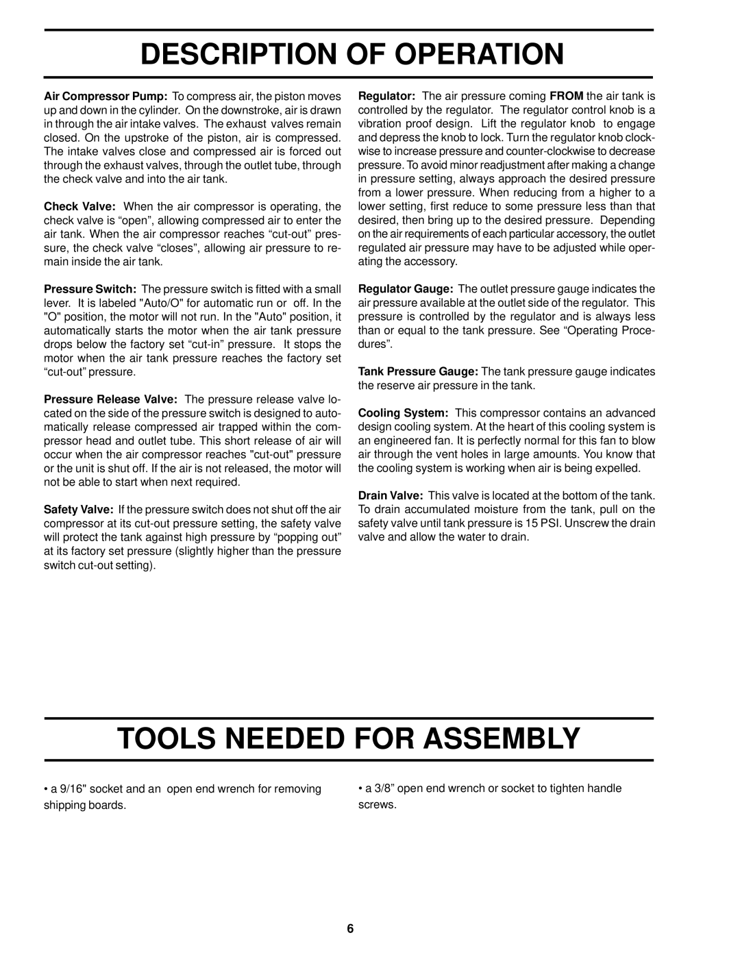 Sears 919.72633 owner manual Description of Operation, Tools Needed for Assembly 