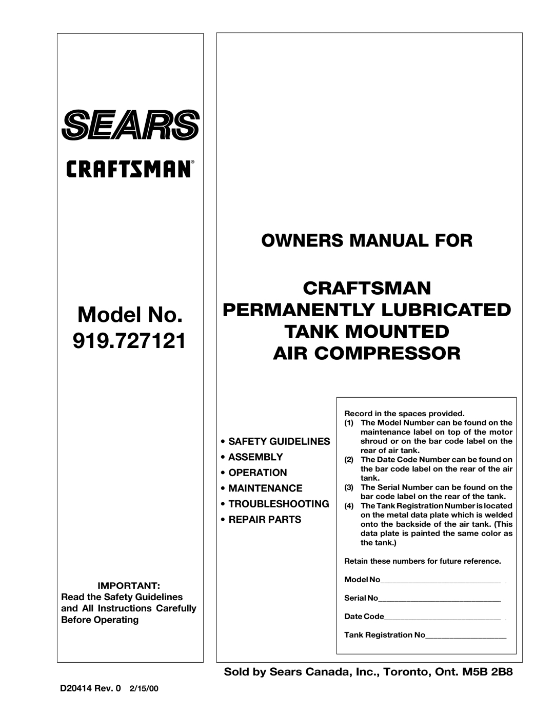 Sears 919.727121 owner manual Model No 