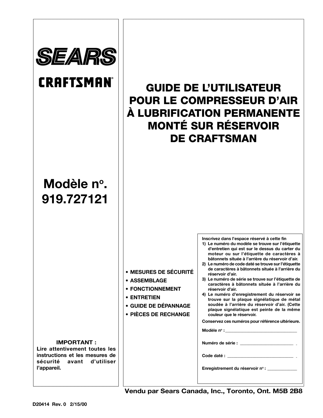 Sears 919.727121 owner manual Modèle no 