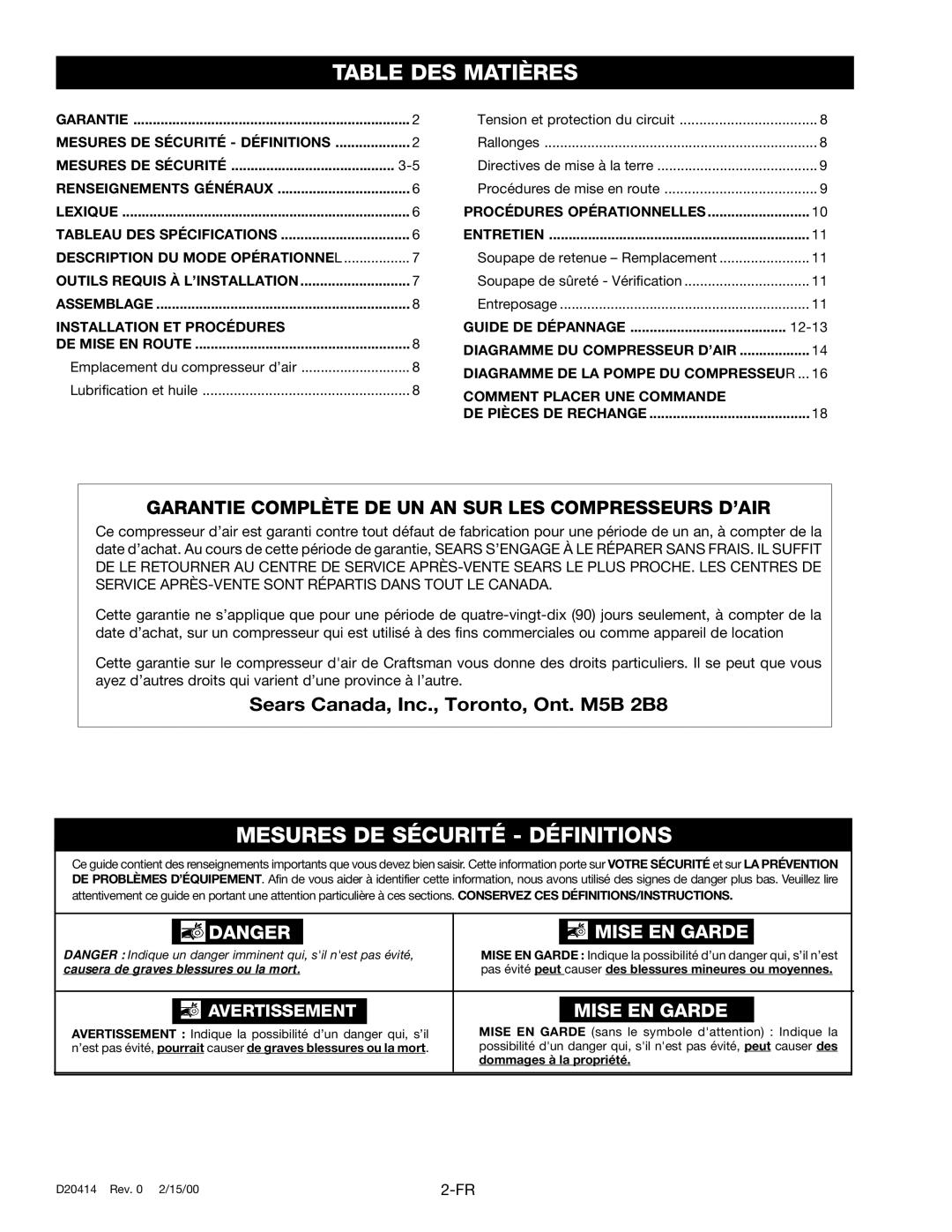 Sears 919.727121 owner manual Table DES Matières, Garantie Complète DE UN AN SUR LES Compresseurs D’AIR 