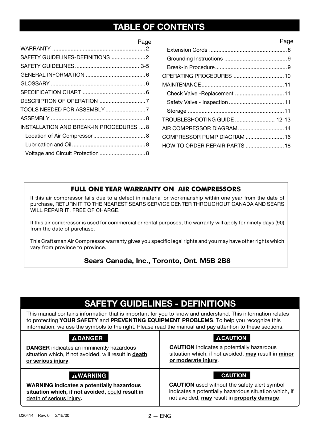 Sears 919.727121 owner manual Table of Contents, Safety Guidelines Definitions 