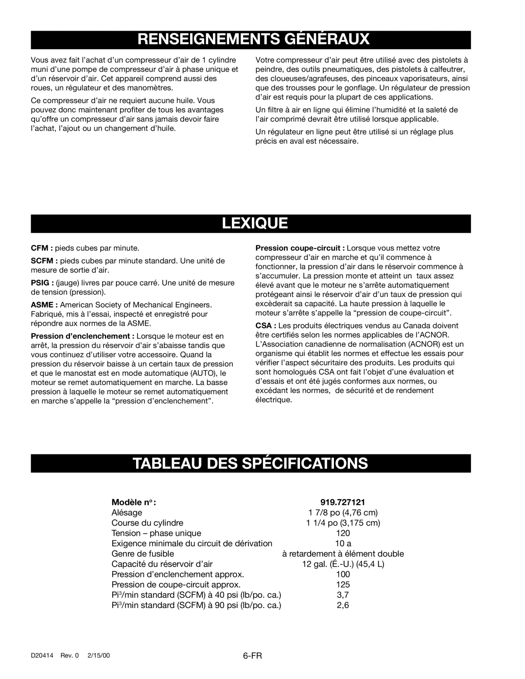 Sears 919.727121 owner manual Renseignements Généraux, Lexique, Tableau DES Spécifications 