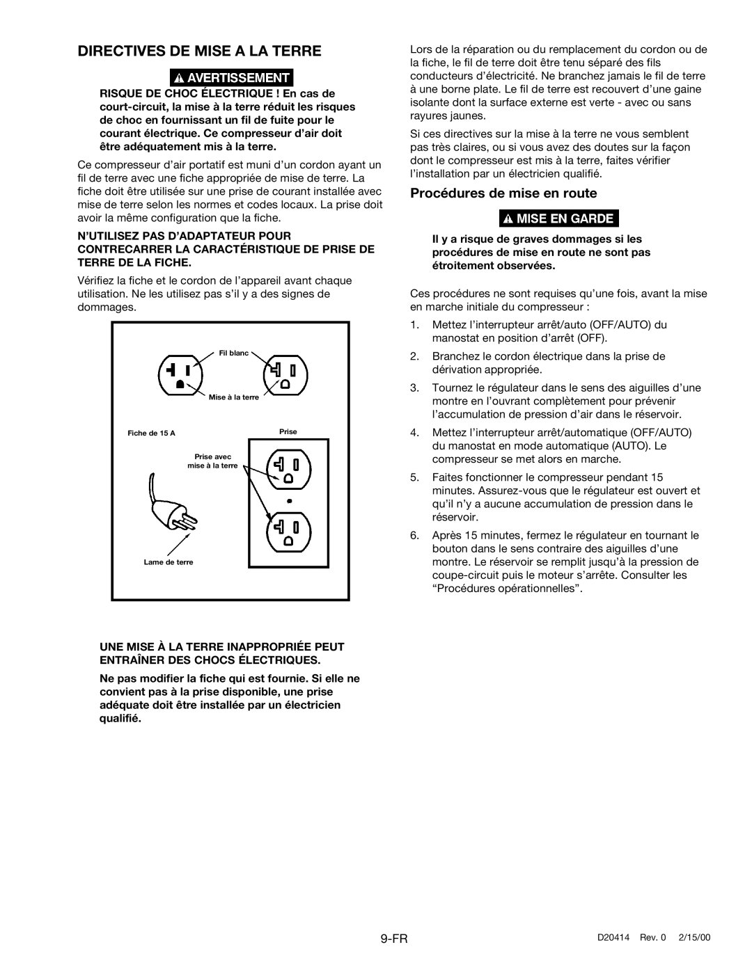 Sears 919.727121 owner manual Directives DE Mise a LA Terre, Procédures de mise en route 