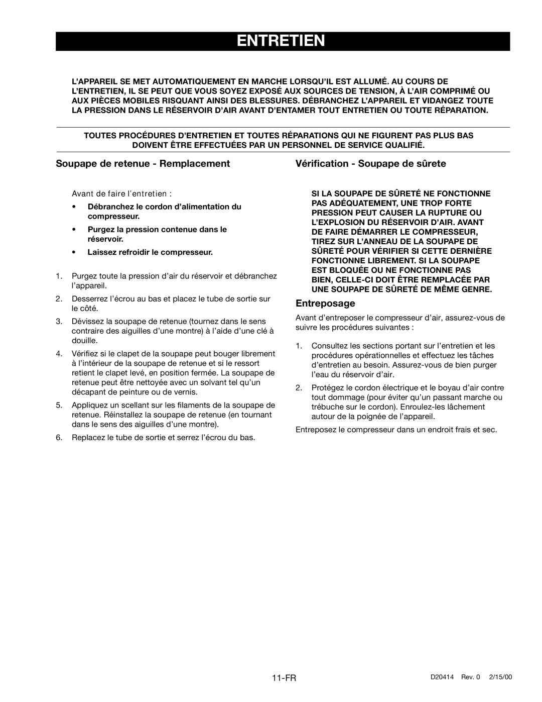 Sears 919.727121 owner manual Entretien, Soupape de retenue Remplacement 