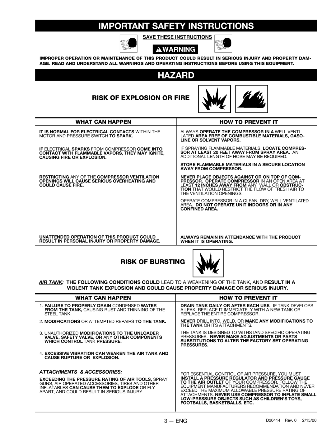 Sears 919.727121 owner manual Important Safety Instructions, Hazard, Risk of Explosion or Fire, Risk of Bursting 