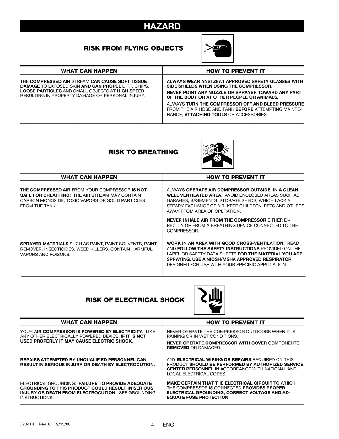 Sears 919.727121 owner manual Risk from Flying Objects, Risk to Breathing, Risk of Electrical Shock 