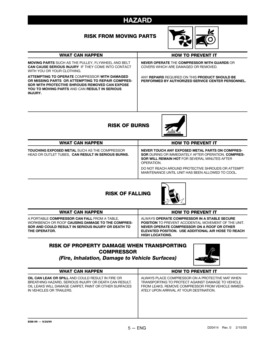 Sears 919.727121 owner manual Risk from Moving Parts, Risk of Burns, Risk of Falling 