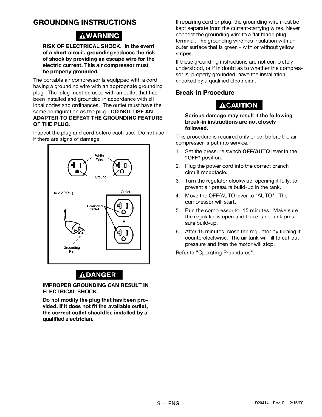 Sears 919.727121 owner manual Grounding Instructions 