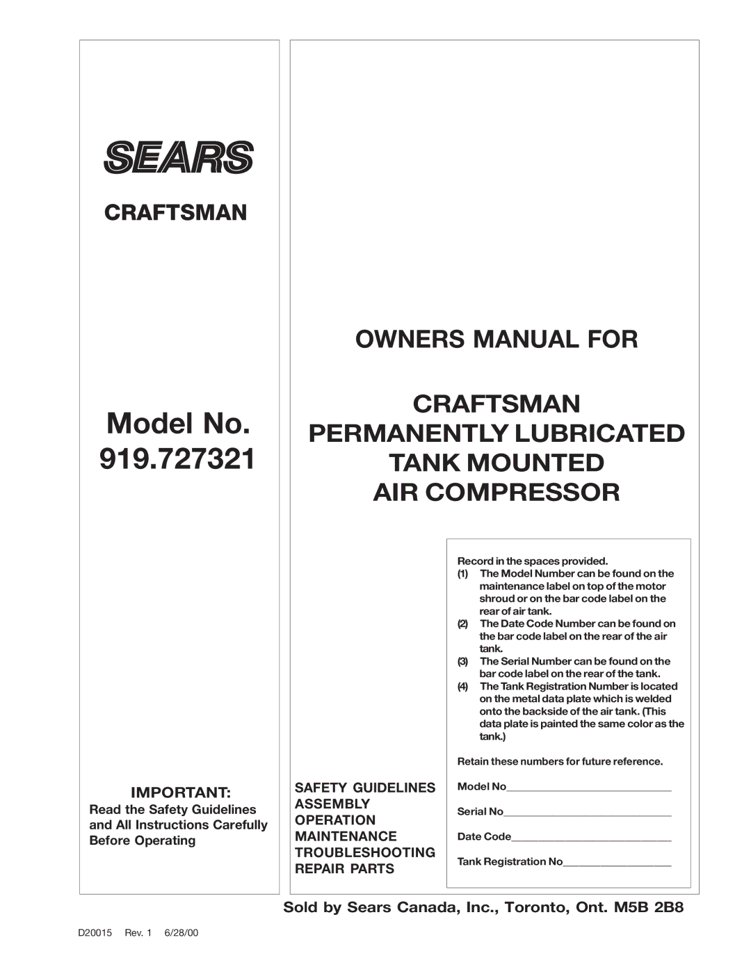 Sears 919.727321 owner manual Model No 