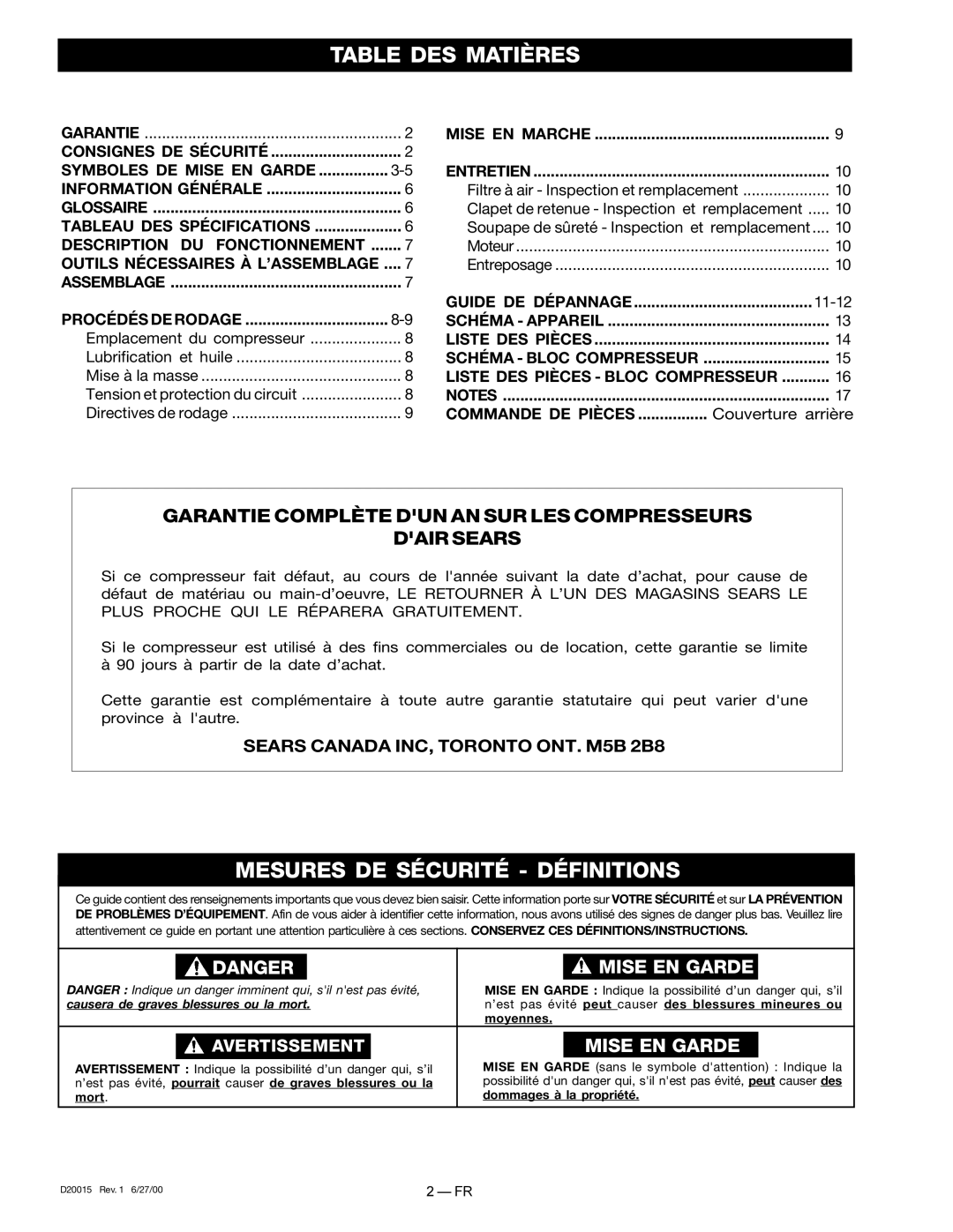 Sears 919.727321 owner manual Table DES Matières, Mesures DE Sécurité Définitions 