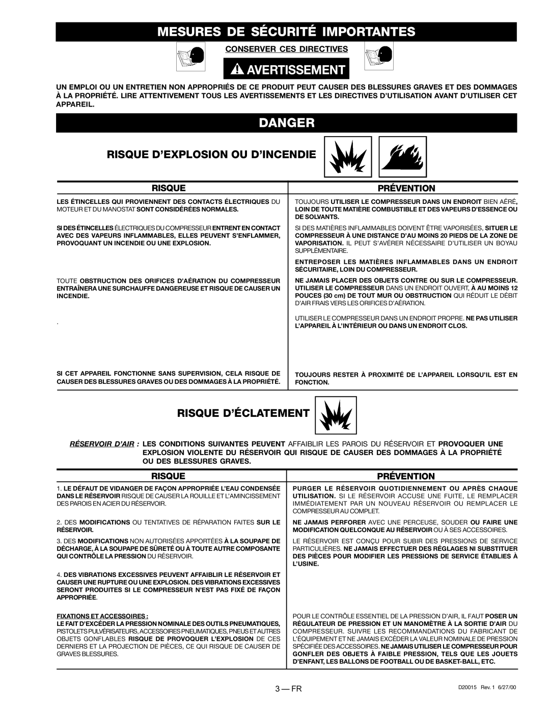 Sears 919.727321 Mesures DE Sécurité Importantes, Avertissement, Risque D’EXPLOSION OU D’INCENDIE, Risque D’ÉCLATEMENT 