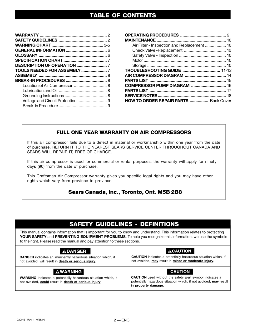 Sears 919.727321 owner manual Table of Contents, Safety Guidelines Definitions 