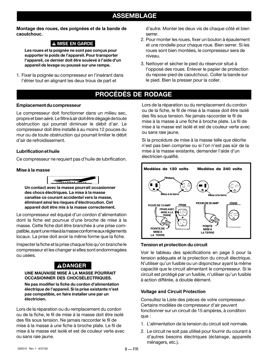 Sears 919.727321 owner manual Assemblage, Procédés DE Rodage 