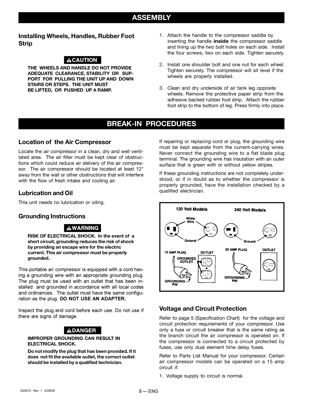 Sears 919.727321 owner manual Assembly, BREAK-IN Procedures 