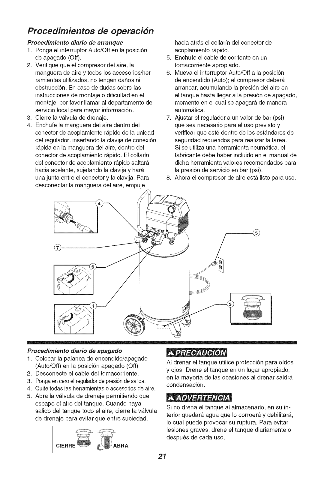 Sears 921.16471 owner manual Procedimientos de operaci6n, Procedimiento diario de arranque 