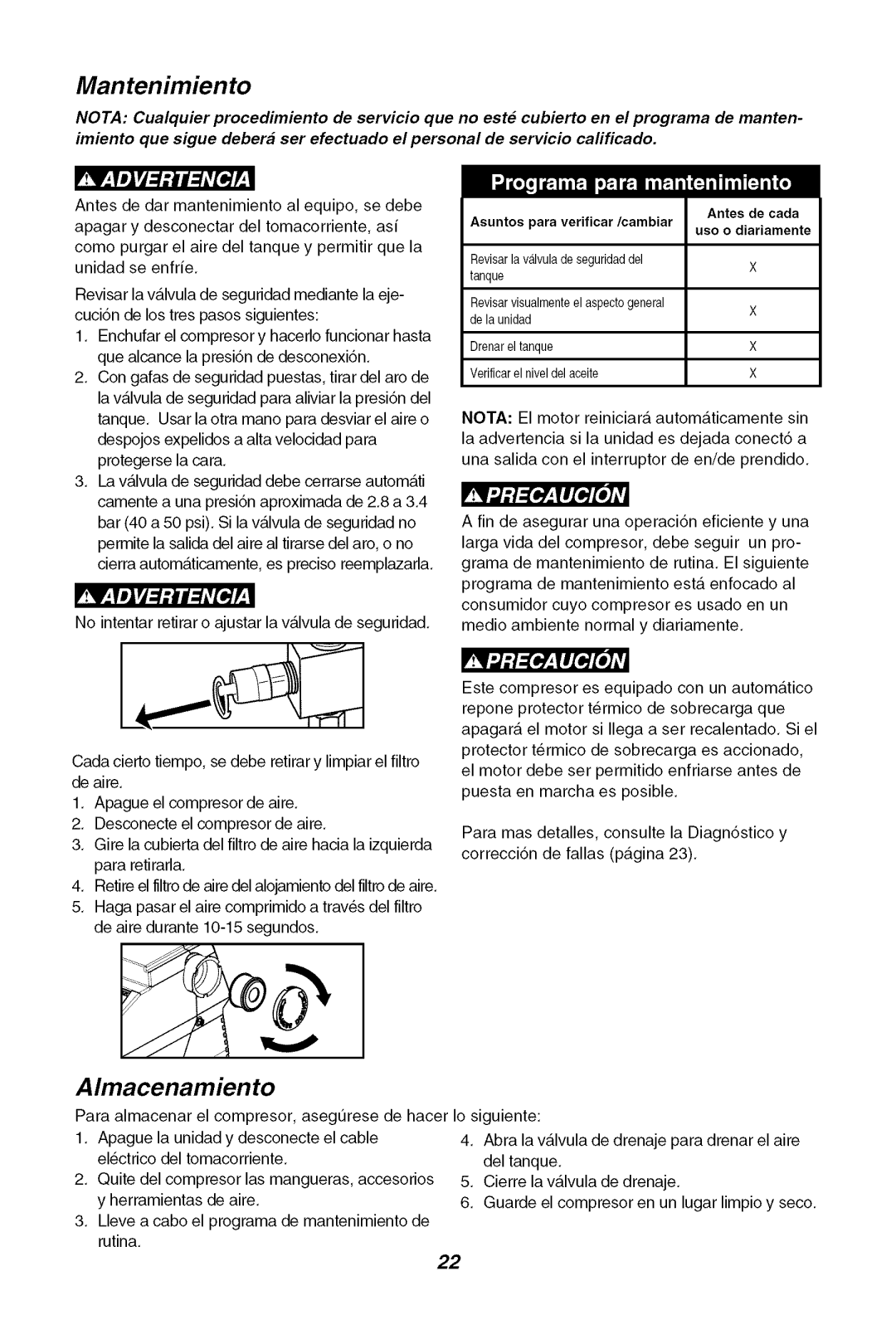 Sears 921.16471 owner manual Mantenimiento, Almacenamiento 